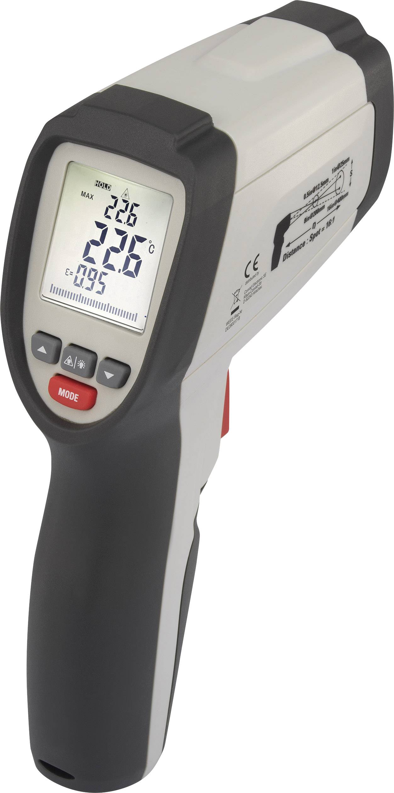 Un termometro a infrarossi mostra una temperatura di 22,6 °C su un display digitale.