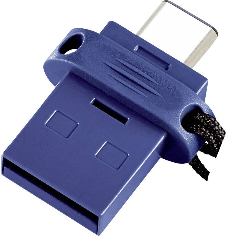 Una chiavetta USB-C blu con un passante in un angolo, utilizzata per memorizzare e trasferire dati.