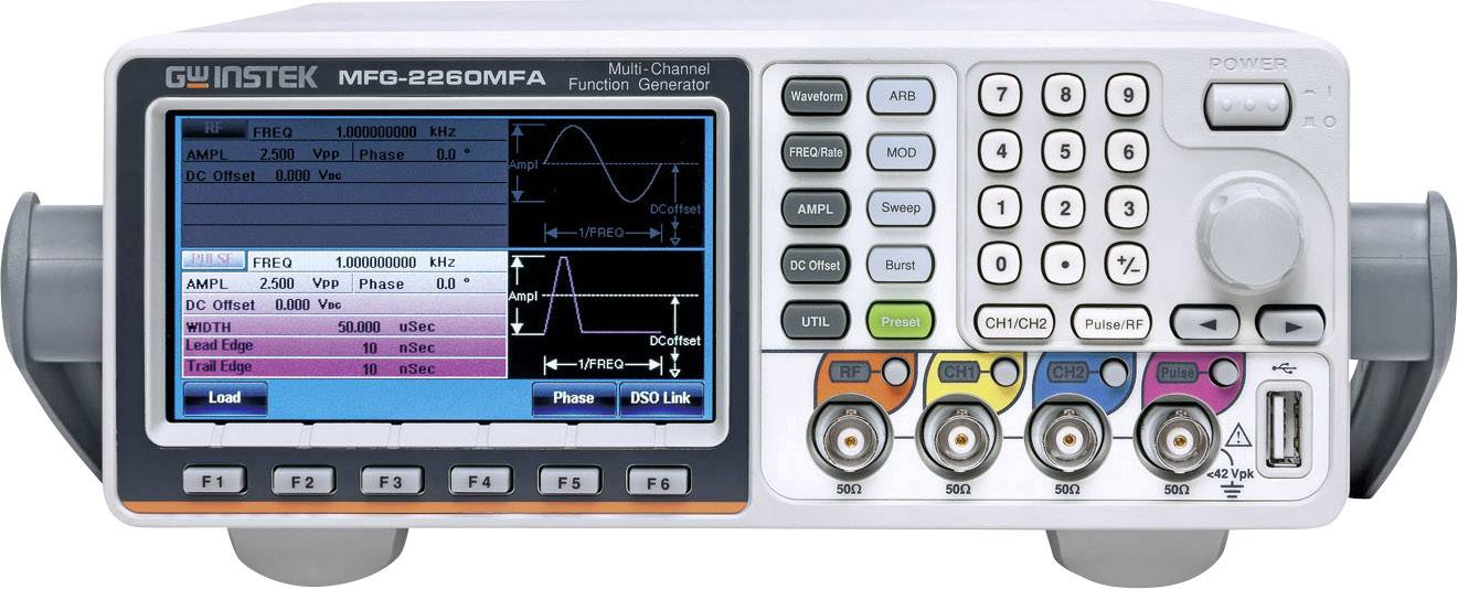 Un generatore multifonzione con display mostra due diagrammi d'onda. Sulla parte anteriore sono presenti tasti di controllo e connettori codificati a colori.