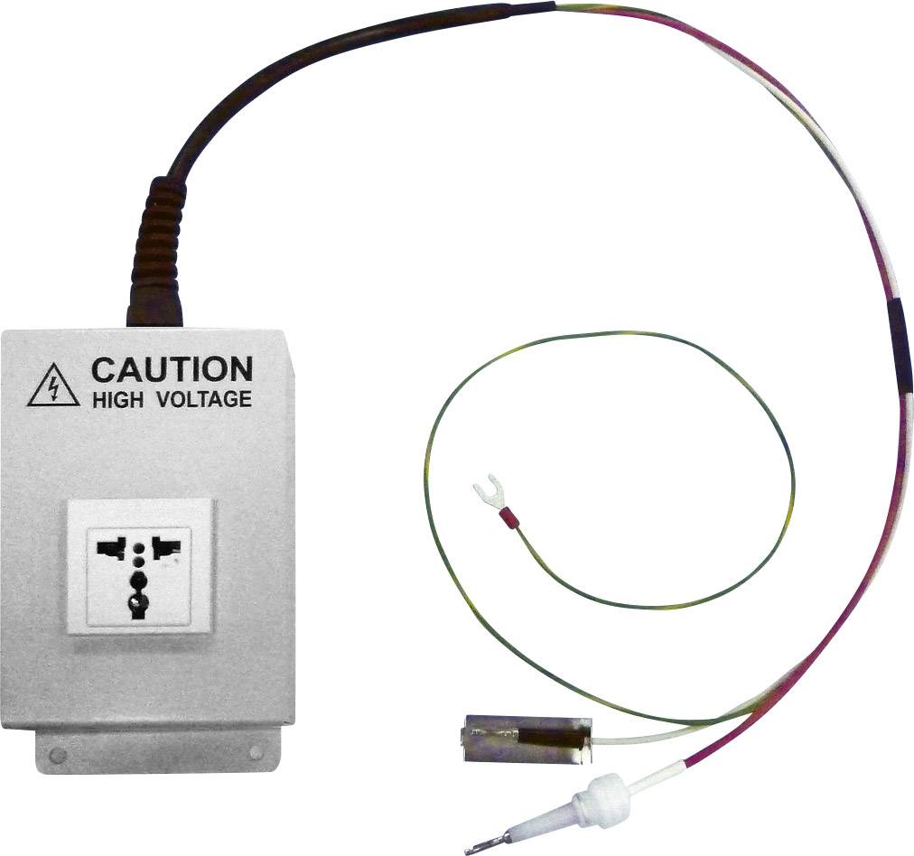 Un dispositivo con l'etichetta 'CAUTION HIGH VOLTAGE', connessioni elettriche e cavi visibili. Avvertenza di alta tensione.