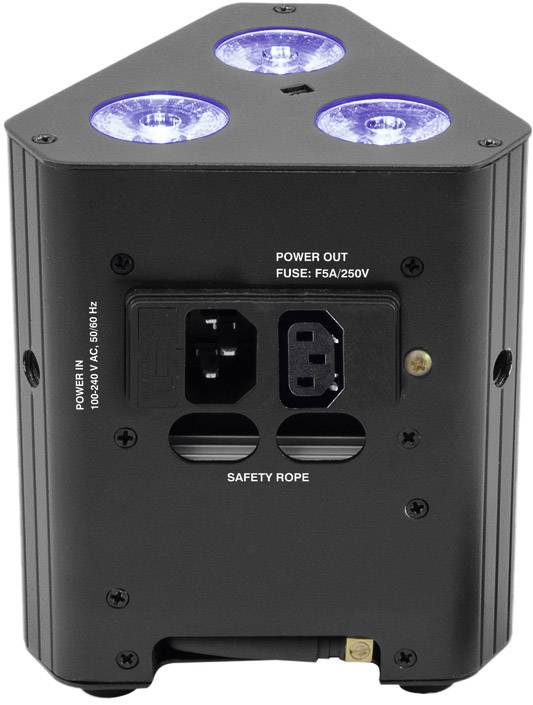 Un dispositivo di illuminazione nero con tre luci LED blu in alto. Il retro mostra connessioni di alimentazione e un fusibile.
