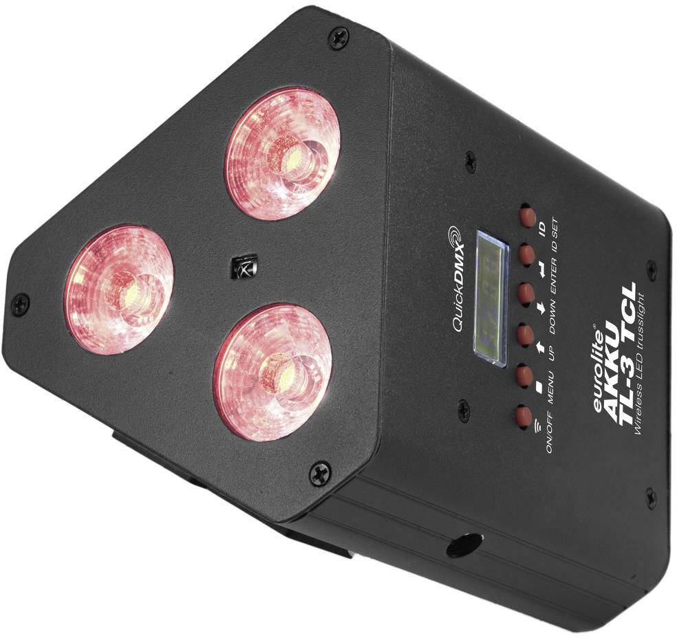 Luce da palcoscenico LED nera a forma di triangolo con tre lenti rotonde rosse e display digitale sul lato, adatta per effetti di illuminazione.