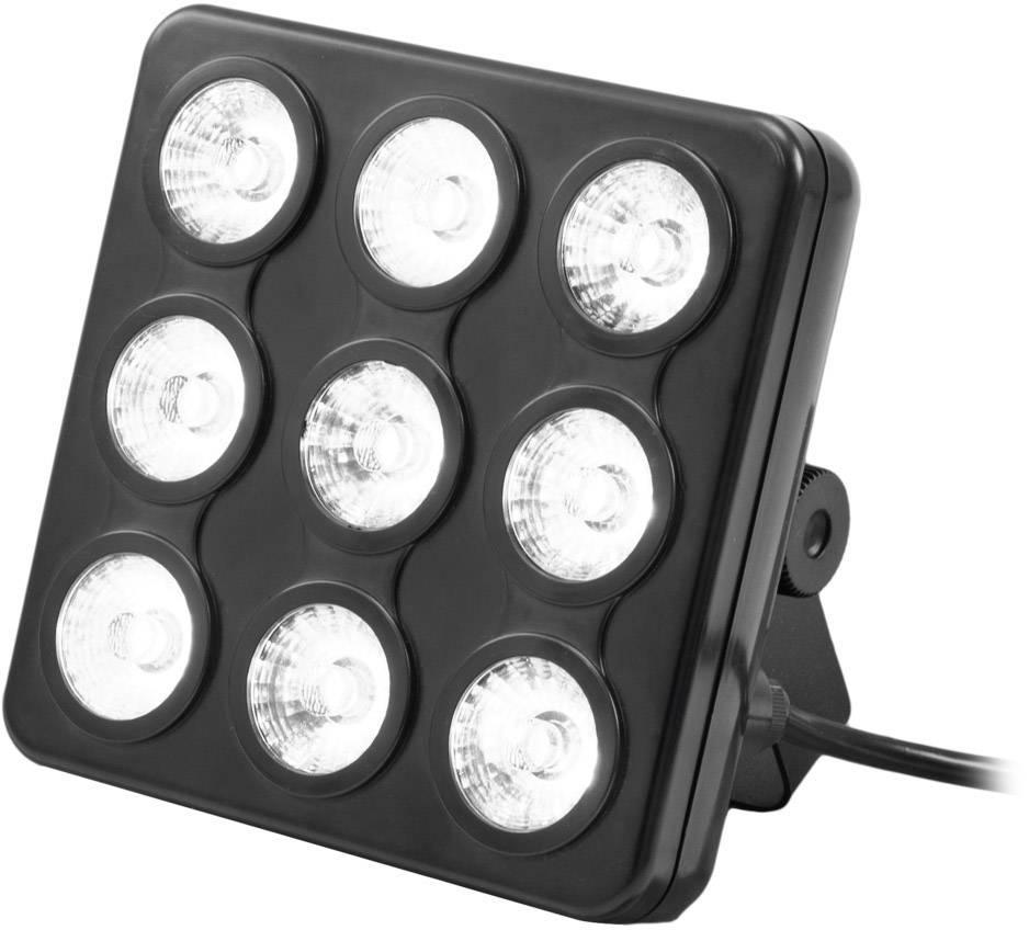 Plafoniera LED quadrata con nove sorgenti luminose disposte su tre file. Corpo nero con cavo fissato sul retro.