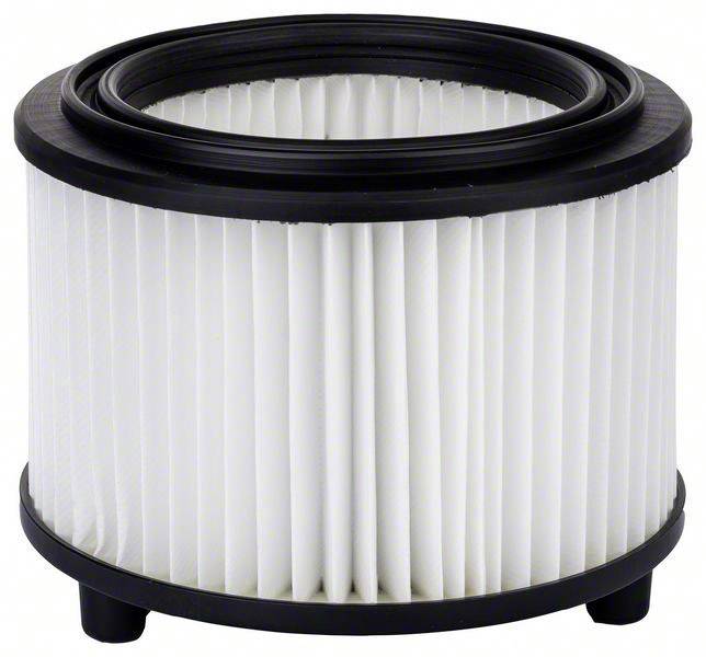 Filtro HEPA rotondo con materiale filtrante bianco pieghettato, utilizzato negli aspirapolvere per migliorare la qualità dell'aria mediante filtrazione delle particelle.
