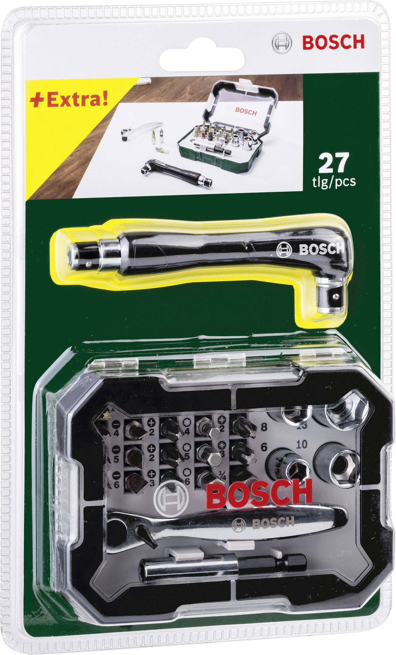'Set di 27 cacciaviti e bit BOSCH in custodia di plastica, immagine di un set aperto e dei singoli componenti, scritta "+ Extra!"'