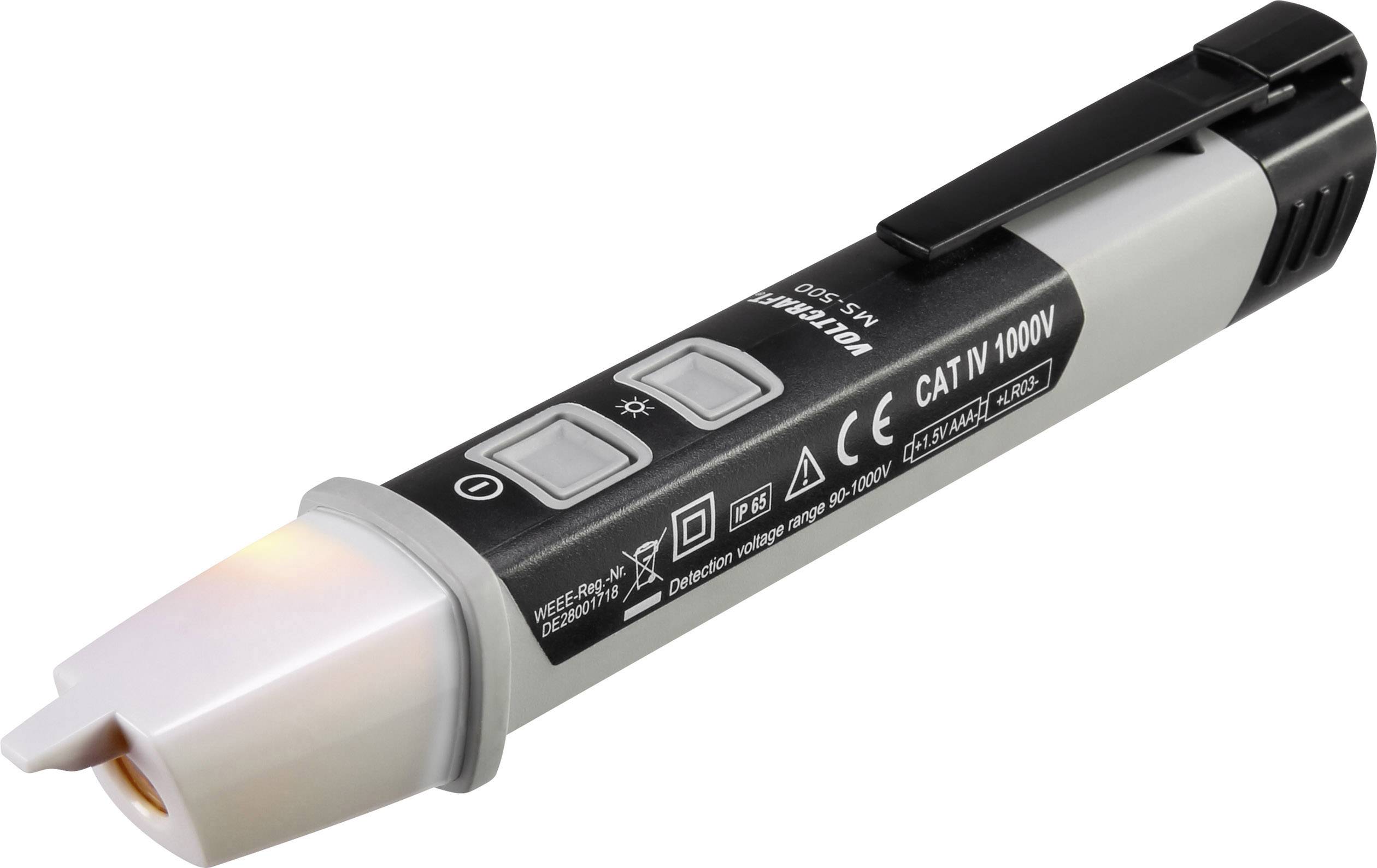 Un tester di tensione senza contatto con clip, due pulsanti e punta illuminata, idoneo per test fino a 1000V.