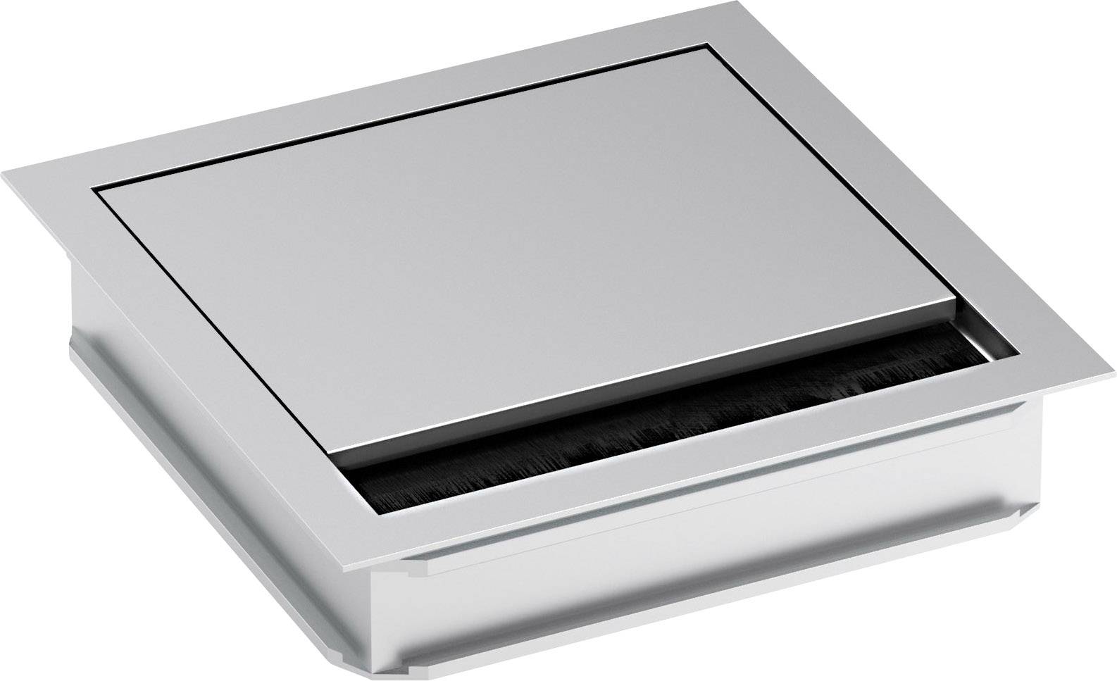 Presa elettrica quadrata in argento con inserto a spazzola. Ideale per nascondere e organizzare i cavi in ambienti ufficio.