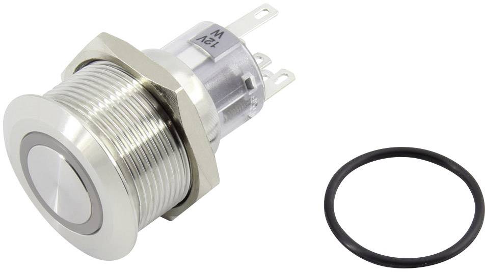Pulsante metallico con filettatura a vite e tre connessioni elettriche, accanto a un anello di tenuta.