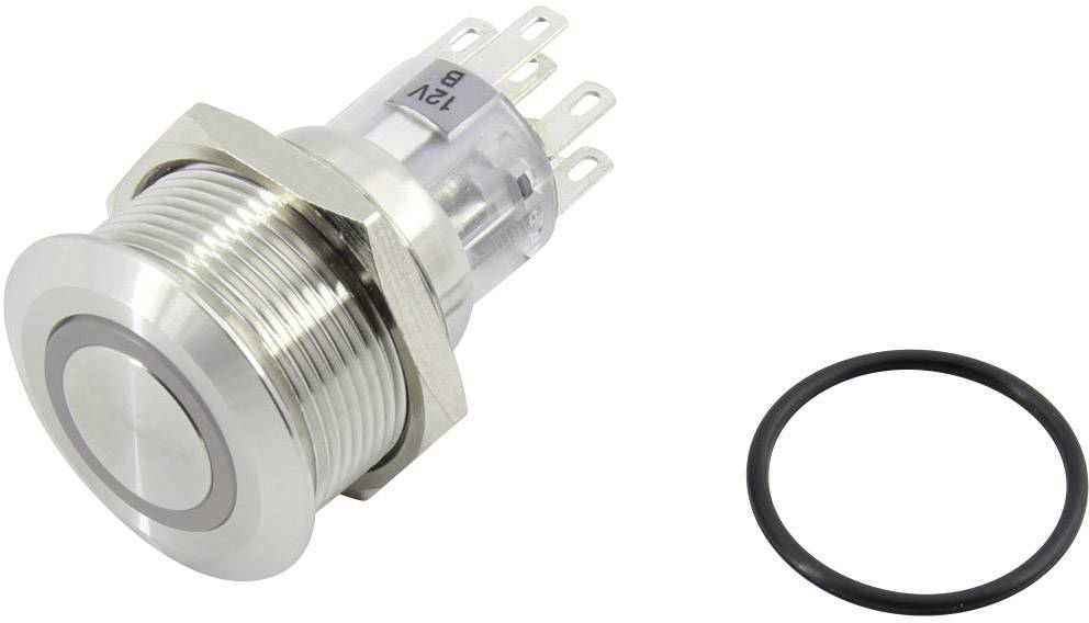 Un pulsante rotondo in metallo con filettatura e diversi contatti, accanto a un anello di gomma nero. Iscrizione in alto: '12V'.