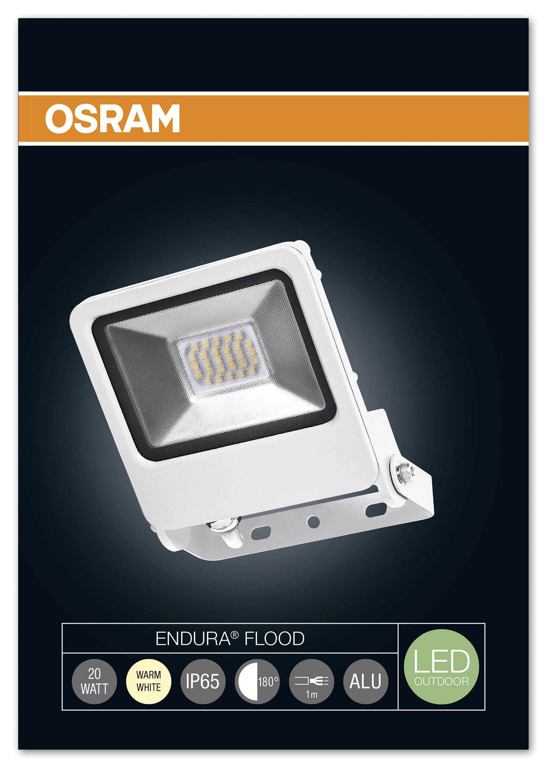 Una lampada da inondazione a LED Osram 'ENDURA FLOOD', 20 watt, protezione IP65, luce calda, angolo di illuminazione di 180°, con involucro in alluminio.