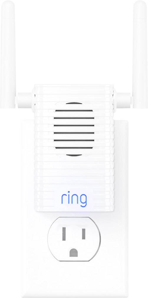 Un ripetitore Wi-Fi bianco con due antenne, inserito in una presa elettrica. Sul lato anteriore è scritto 'ring'.