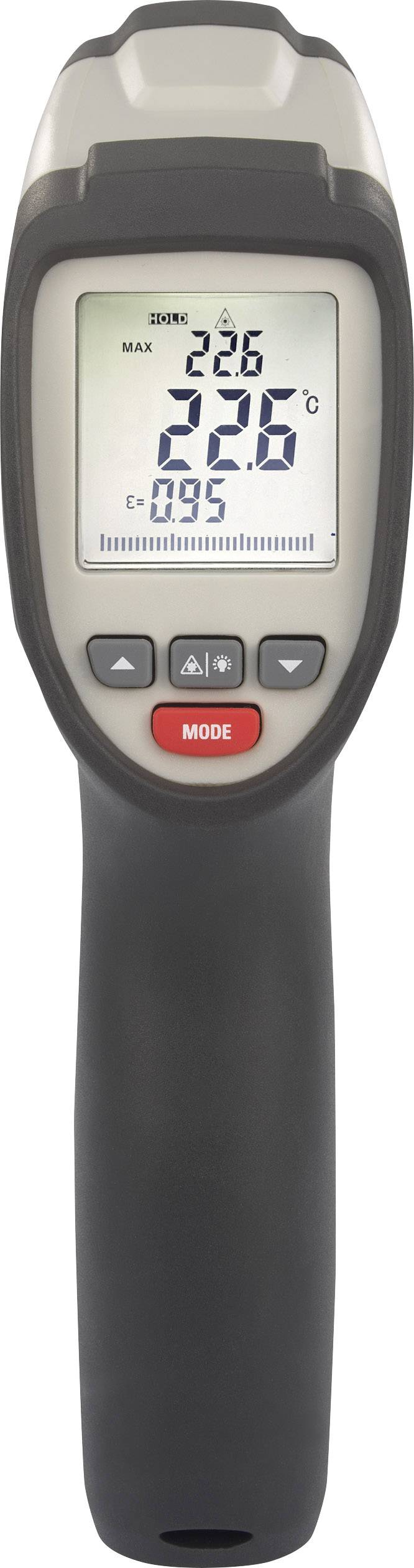 Termometro a infrarossi digitale indica una temperatura di 22,6 gradi Celsius. Lo strumento ha un manico nero e un display grigio.