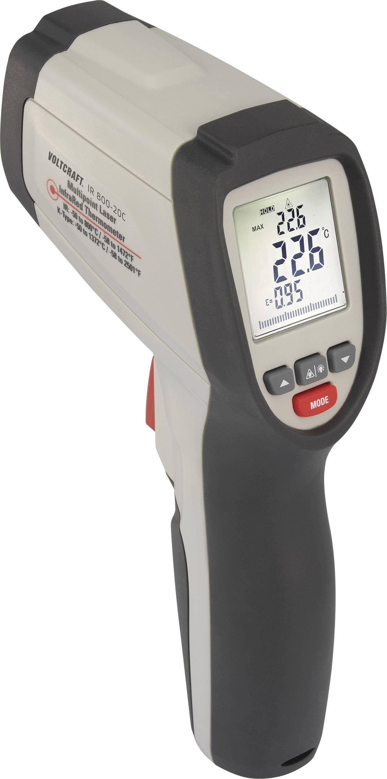 Un termometro a infrarossi con display digitale mostra una temperatura di 22,6 °C. Il dispositivo è nero e grigio.