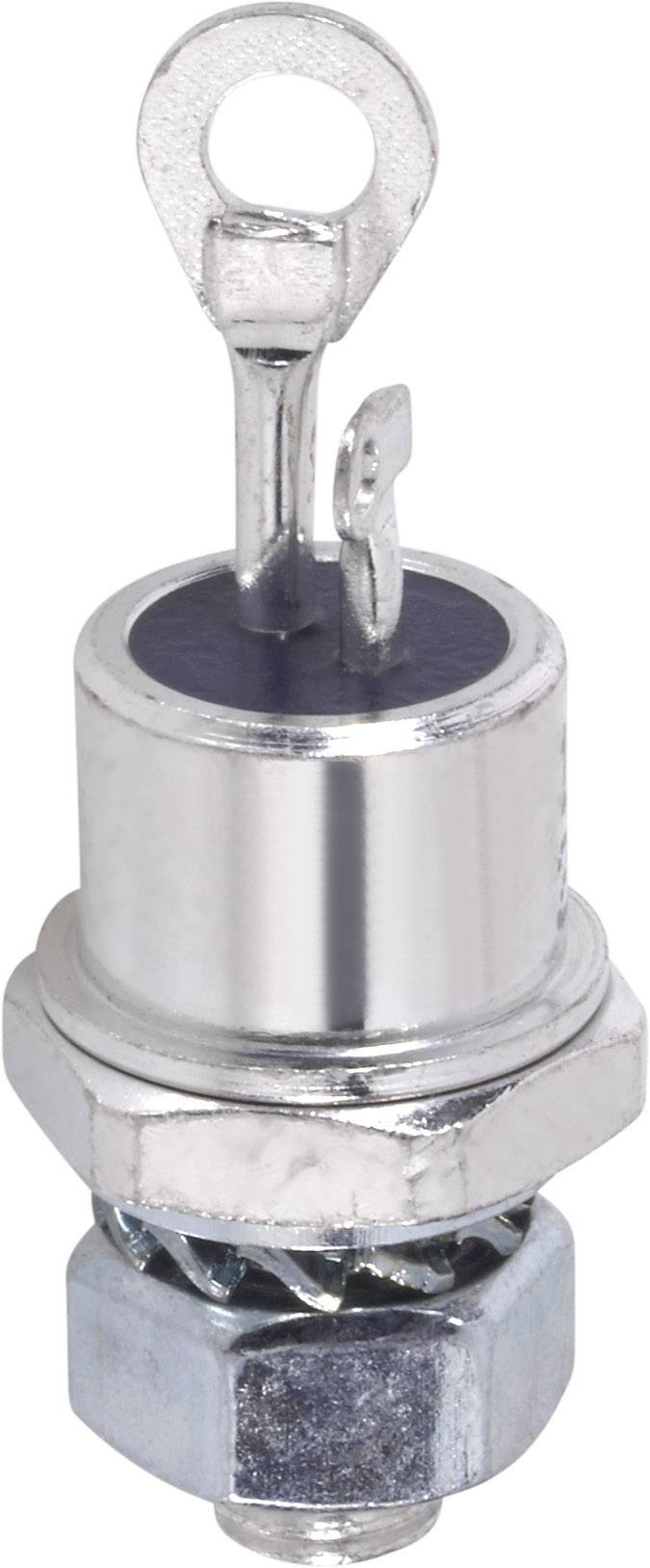 Un componente elettronico color argento, probabilmente un diodo, con un involucro metallico e due terminali.