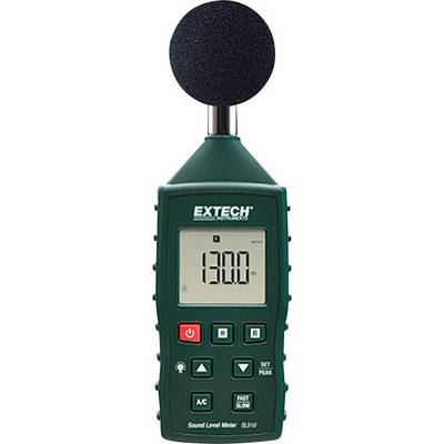 Un misuratore di livello sonoro verde con display digitale mostra '130.0' decibel. Sotto sono visibili diversi pulsanti di controllo.