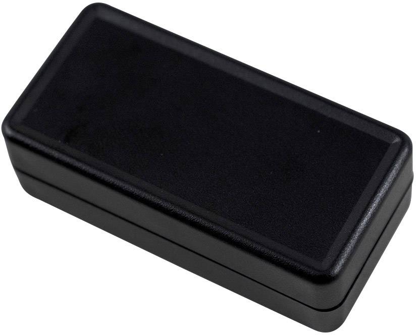 Un involucro rettangolare nero in plastica con angoli arrotondati, dal design chiuso e minimal.