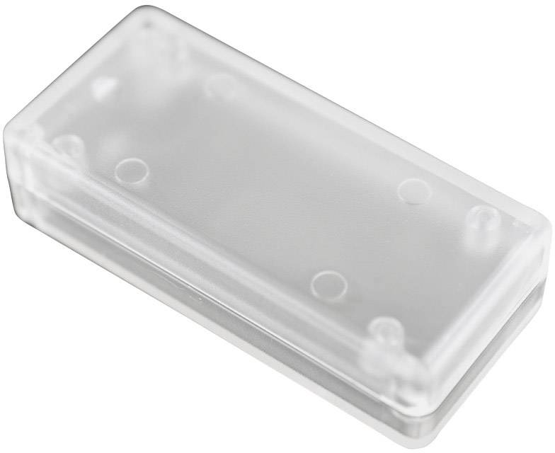 Custodia rettangolare in plastica trasparente con angoli arrotondati, atta a contenere minuscoli componenti elettrici.
