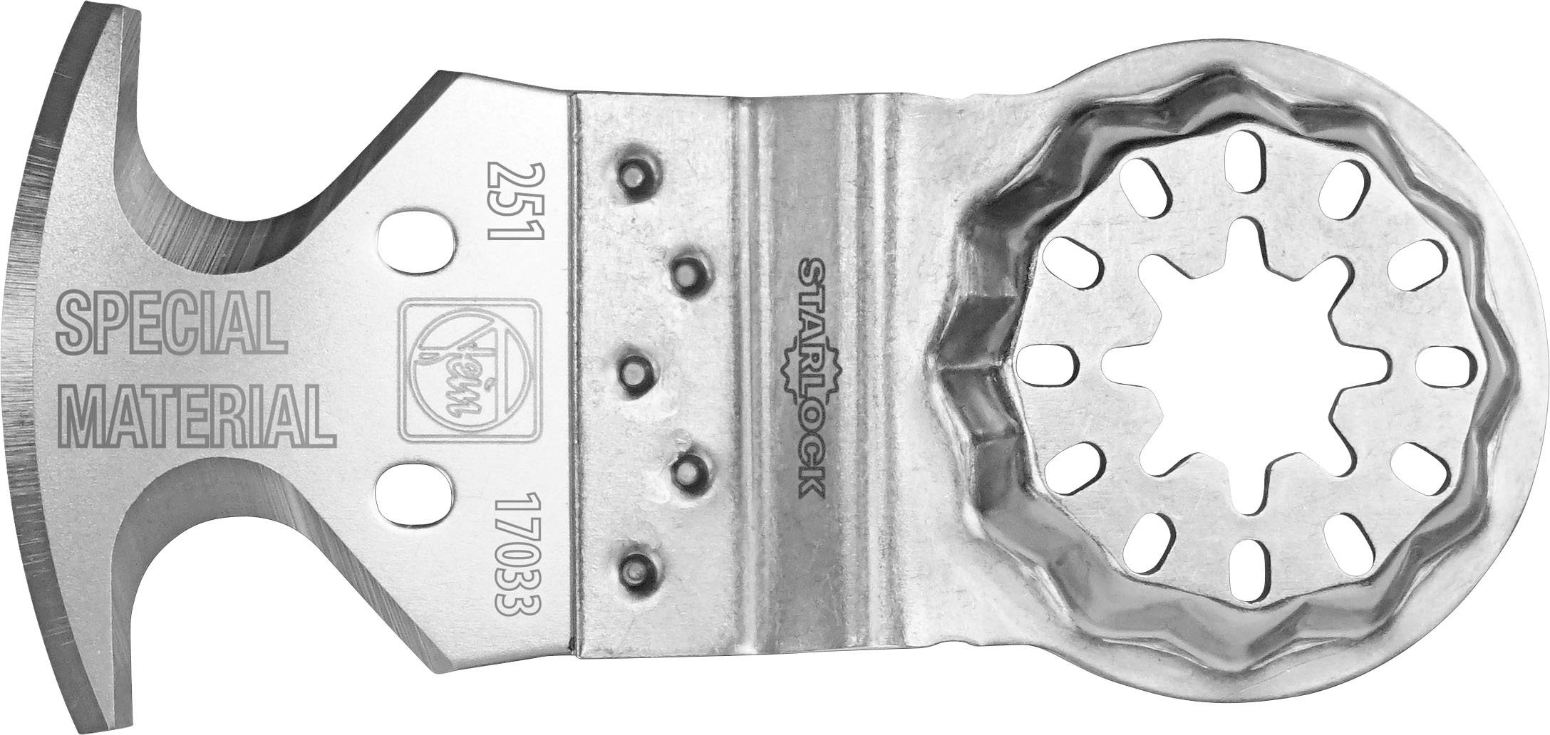 Utensile oscillante con lama metallica dentellata, foro a stella per applicazioni versatili, contrassegnato con 'Materiale Speciale'.