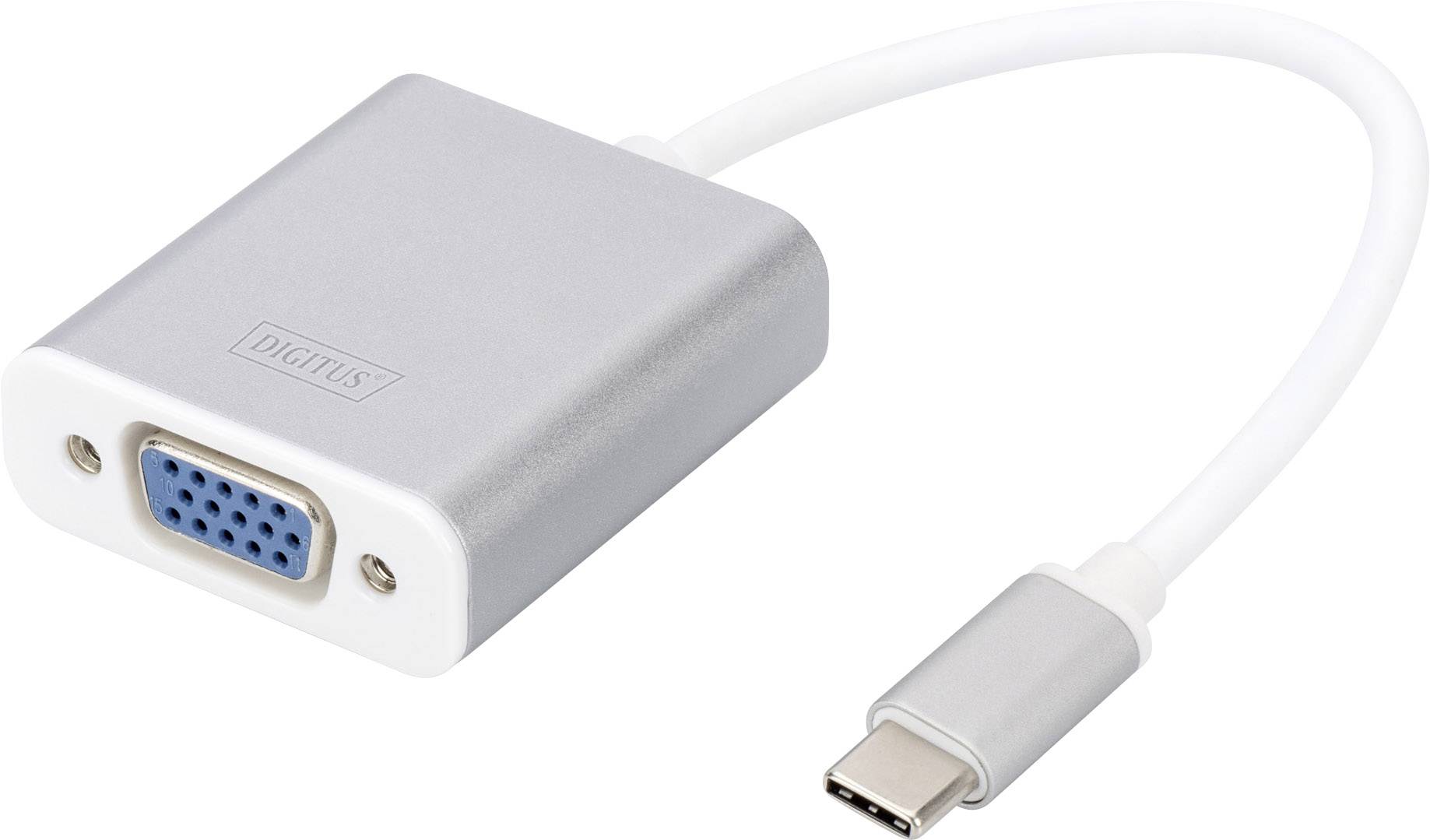 Un adattatore argentato con connettore VGA su USB-C, idoneo per collegare monitor più vecchi a laptop moderni.