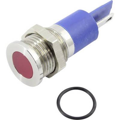 Un pulsante rotondo rosso in metallo accanto a un anello di gomma nero. Il pulsante ha connessioni blu.