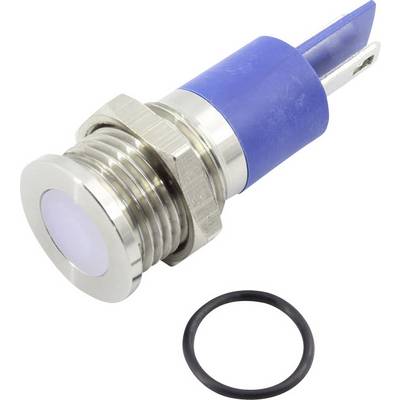 Interruttore di pressione rotondo, blu, metallico con pulsante frontale luminoso e anello di tenuta nero.