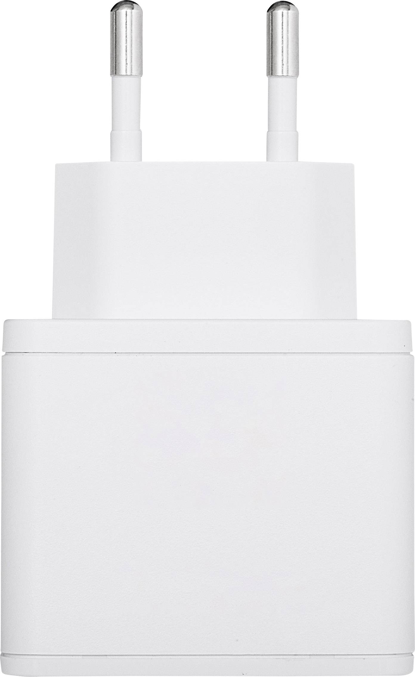 Un caricabatterie bianco con due spine rotonde europee, adatto per dispositivi elettrici in Europa.
