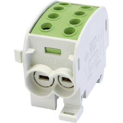 Blocco morsetti elettrico di connessione con componenti verdi e bianche, idoneo per sezioni di cavi da 70 a 50 mm².