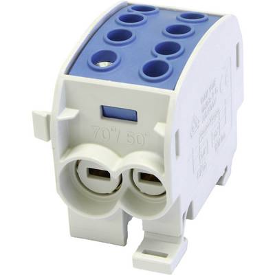 Spina elettrica bianca e blu con multiple possibilità di connessione, idonea per cablaggi e installazioni elettriche.