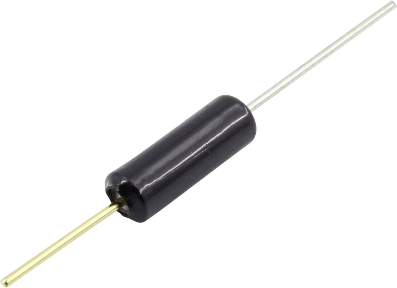 Componente cilindrico nero con piedini metallici alle estremità, tipico di un relè reed o di un componente induttivo.