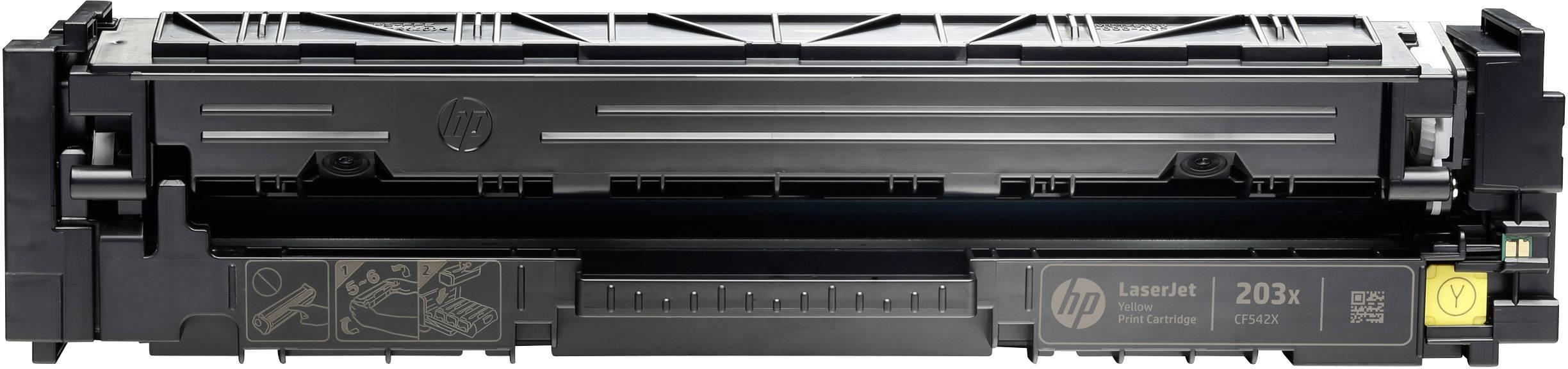 Cartuccia di toner nero per stampante con numeri di modello e simboli mostrati sul lato anteriore.