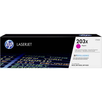 L'immagine mostra la confezione di una cartuccia toner magenta LaserJet, numero modello 203X, per stampanti della serie HP LaserJet Pro.