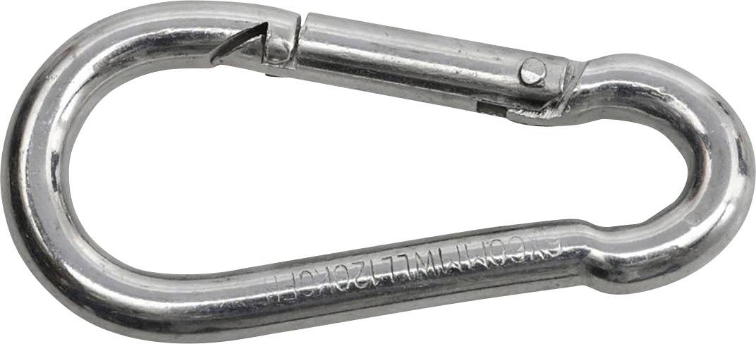 Un moschettone metallico d'argento di forma ovale, chiuso da un meccanismo a molla.