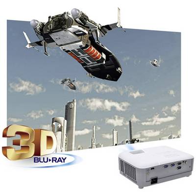 Un proiettore mostra un'immagine 3D di un aereo futuristico sopra una città. In basso a destra è scritto '3D Blu-Ray'.
