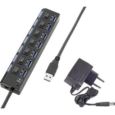 Un hub USB con sette porte e interruttori di accensione/spegnimento accanto a ciascuna porta, inclusi cavo di alimentazione e adattatore di rete.