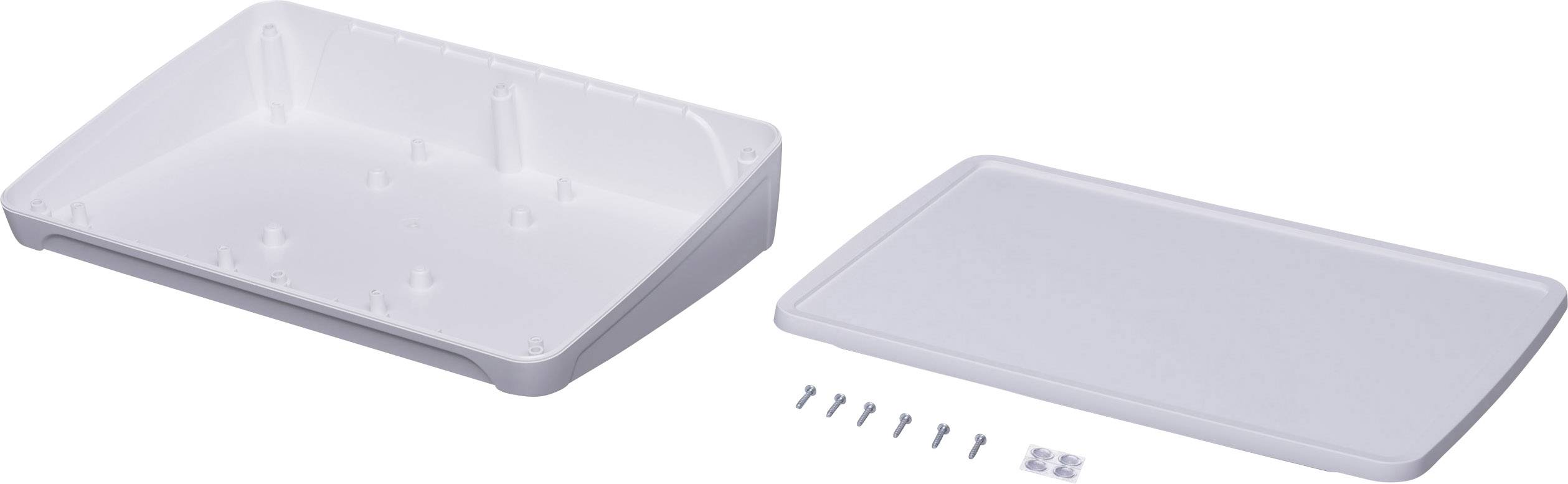 Scatola di distribuzione rettangolare in plastica bianca, con coperchio rimovibile. Viti e tasselli sono posizionati accanto.