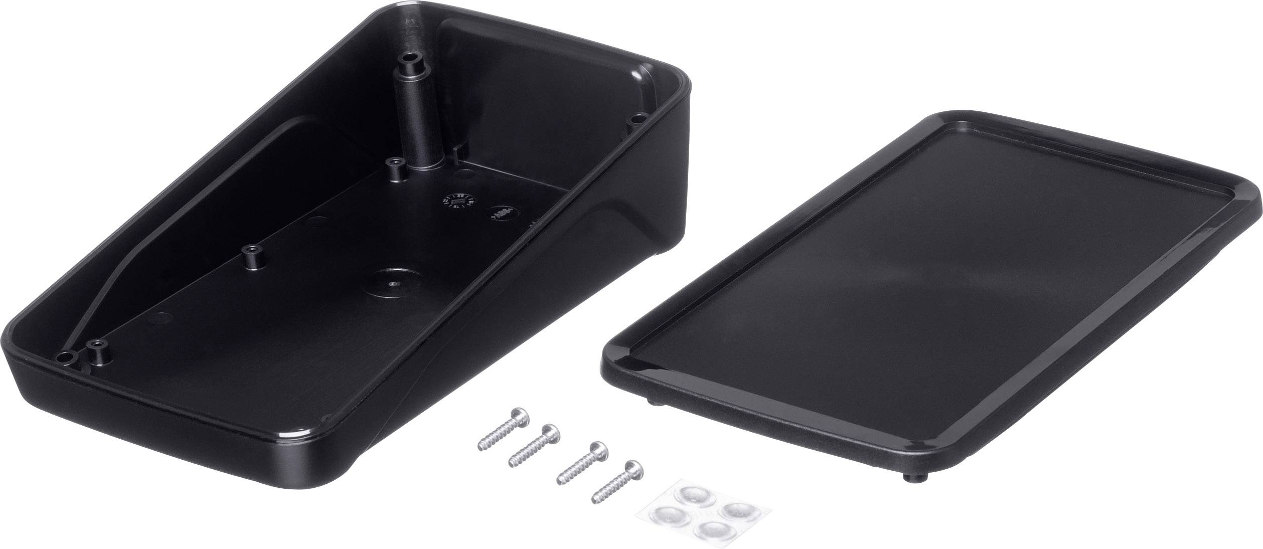 Un involucro nero aperto in plastica con coperchio rimovibile, viti e piedini in gomma, adatto per dispositivi elettronici.