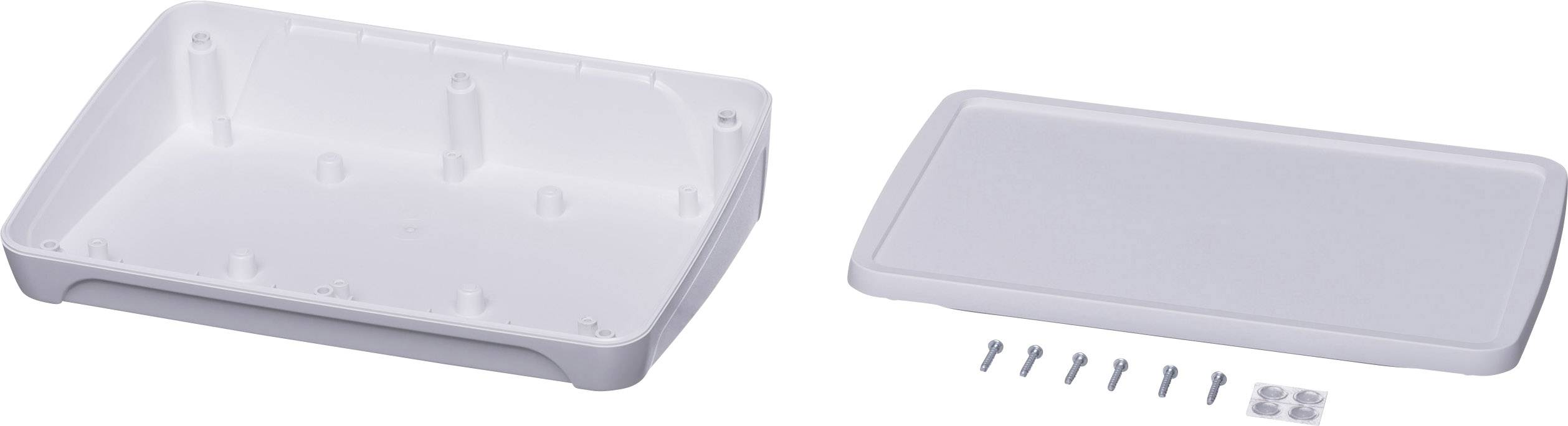 Due parti di un contenitore di plastica: a sinistra un vano rettangolare con supporti di base, a destra un coperchio corrispondente, accanto a loro delle viti.