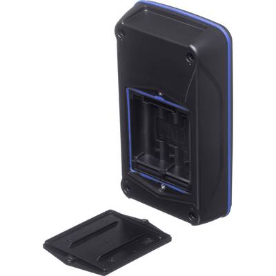 Un coperchio nero in plastica rimosso mostra il vano batterie con spazio per quattro batterie.