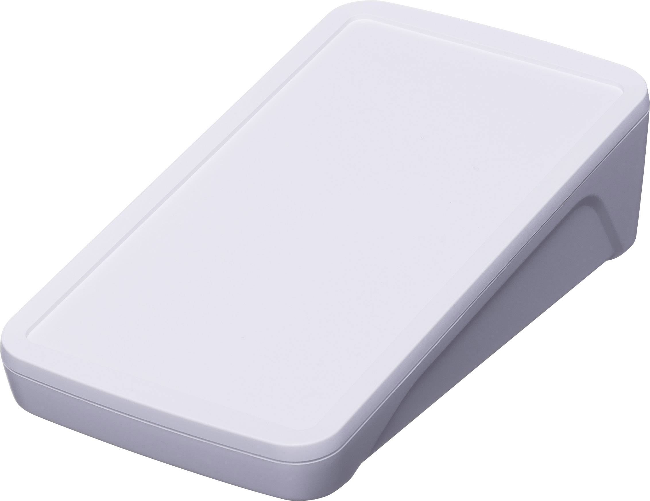 Scatola rettangolare bianca in plastica con coperchio rimovibile, vista laterale.