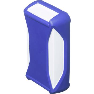 Valigia blu in plastica con manico bianco e superfici laterali.