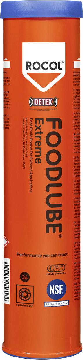 Un barattolo di lubrificante ROCOL FOODLUBE Extreme di colore arancione con tappo blu, simboli NSF e ISO, e lo slogan 'Performance you can trust'.