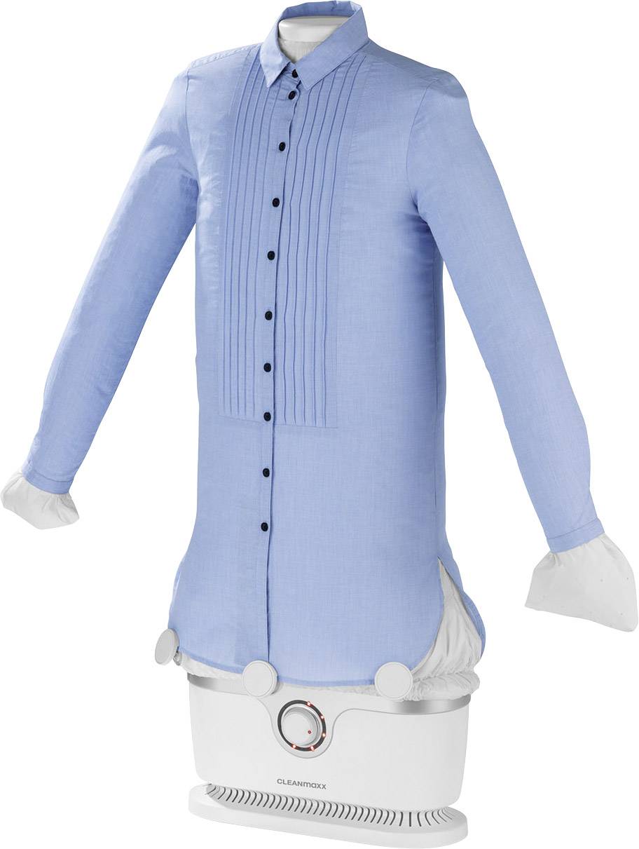 Un ferro da stiro verticale con una camicia blu stirata. Il dispositivo è in posizione verticale e serve ad asciugare e stirare le camicie.