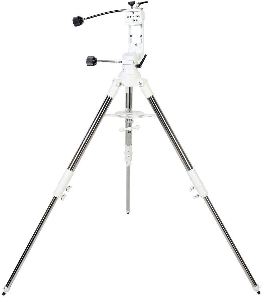 Un treppiede telescopico bianco e argento con gambe regolabili e due manopole per la regolazione dell'inclinazione.