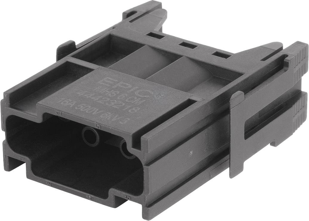 Un connettore elettrico nero con la scritta 'EPIC' e specifiche tecniche, presumibilmente per applicazioni industriali.