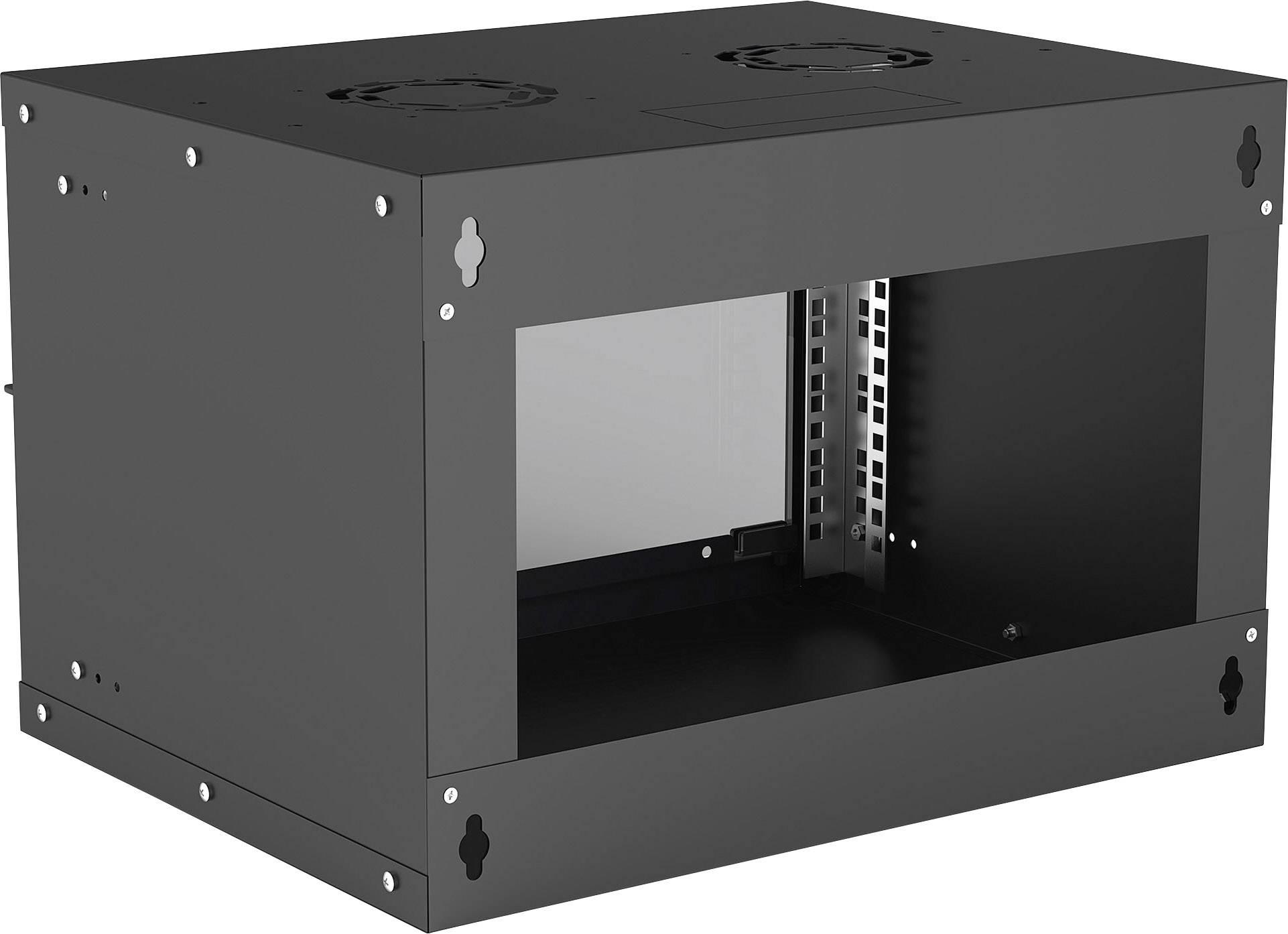 Contenitore da parete nero, compatto, con area frontale aperta e fori di ventilazione superiori, idoneo per l'installazione di apparecchiature di rete.