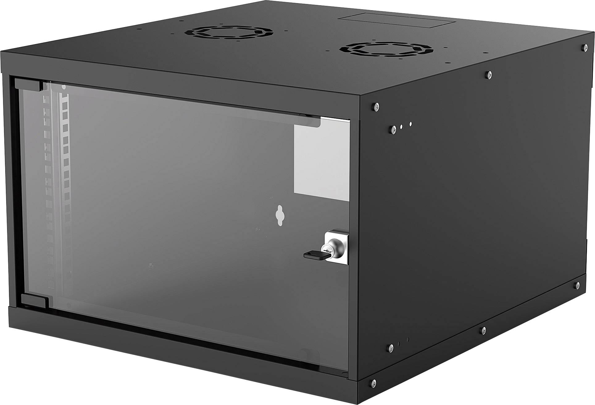 Armadio rack a parete nero con porta in vetro, idoneo per lo stoccaggio sicuro di apparecchiature di rete in ambienti IT.