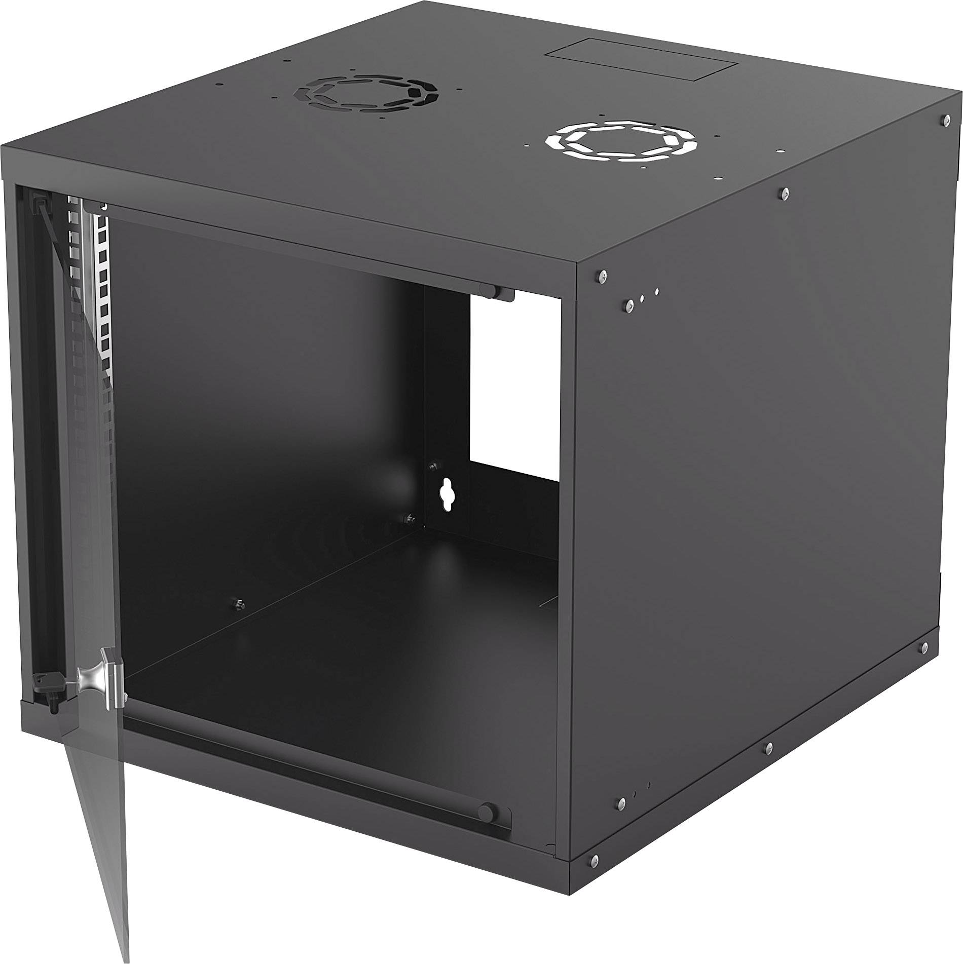 Rack server nero e vuoto con porta aperta, fori di ventilazione superiori e design quadrato.