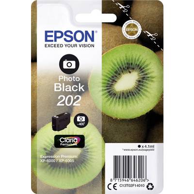 Confezione di una cartuccia d'inchiostro Epson 'Photo Black 202', illustrata con due fette di kiwi, compatibile con Expression Premium XP-6000/XP-6005.