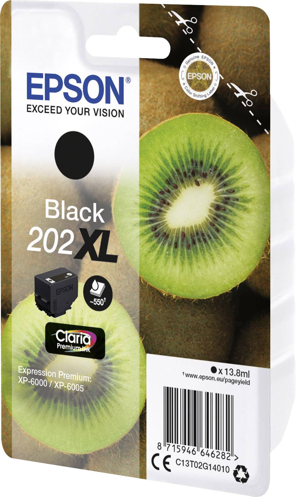 Cartuccia d'inchiostro Epson 202XL in nero, adatta per Epson Expression Premium XP-6000/XP-6005. La confezione mostra l'immagine di un kiwi.