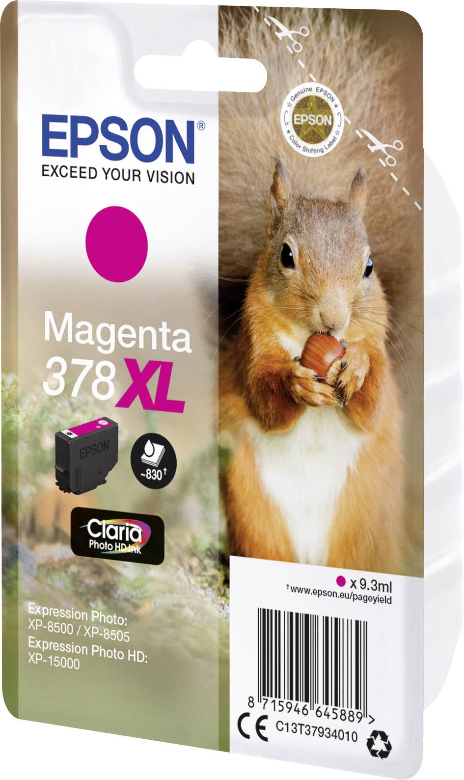 Confezione di cartucce Epson con foto di scoiattolo. Etichette: 'Magenta 378XL', 'Inchiostro Claria Photo HD', 'circa 830 foto'.